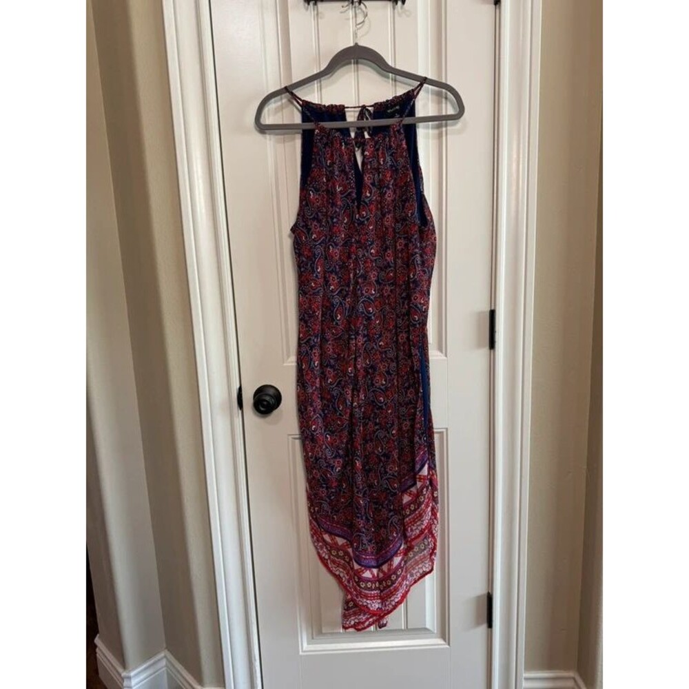 My Michelle Boho Paisley Halter Asymmetrical Scarf Hem Midi Dress Navy Red XL